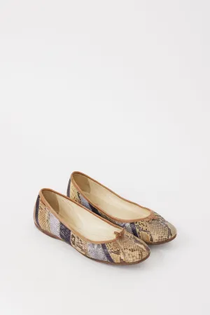Beige & Multicolour Leather Embossed Bow Flat