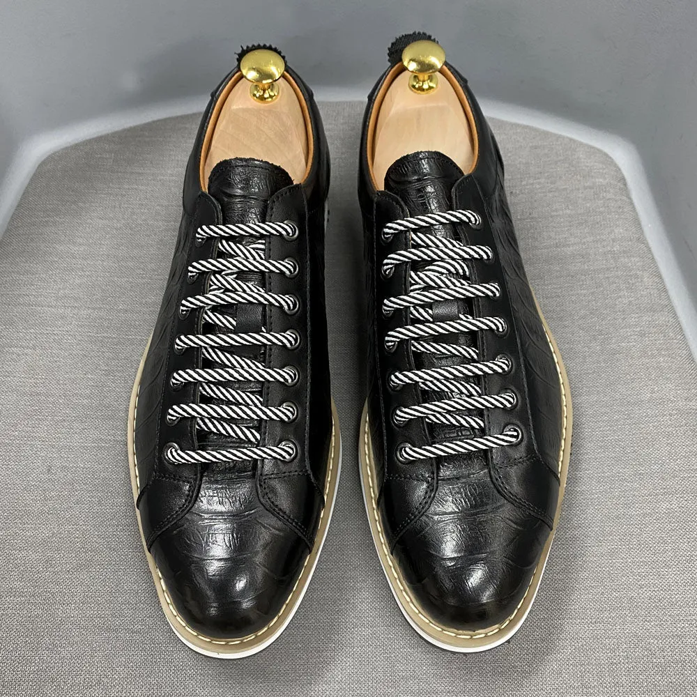 Casual Crocodile Pattern Lace-Up Leather Sneakers