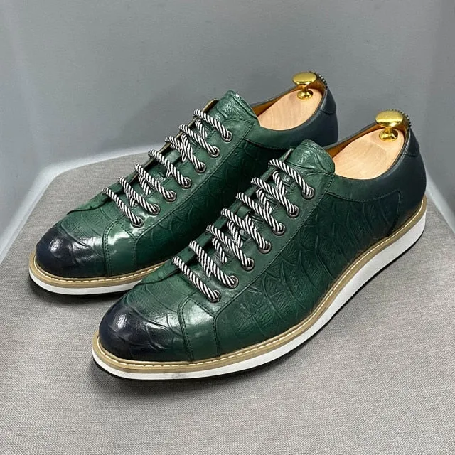 Casual Crocodile Pattern Lace-Up Leather Sneakers