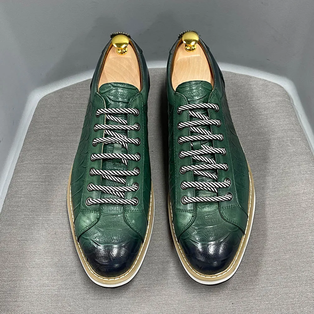 Casual Crocodile Pattern Lace-Up Leather Sneakers