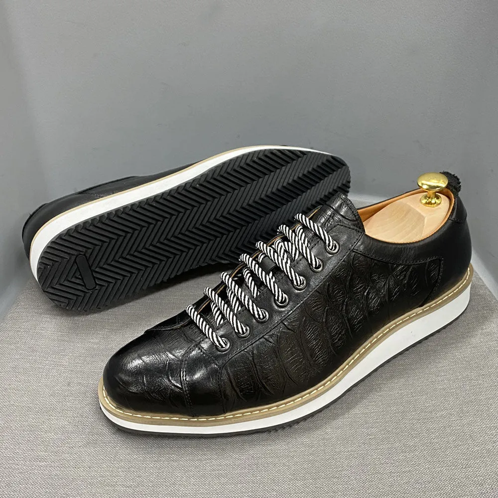 Casual Crocodile Pattern Lace-Up Leather Sneakers