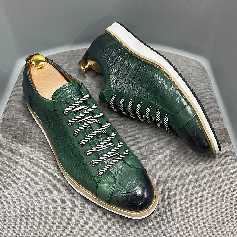 Casual Crocodile Pattern Lace-Up Leather Sneakers