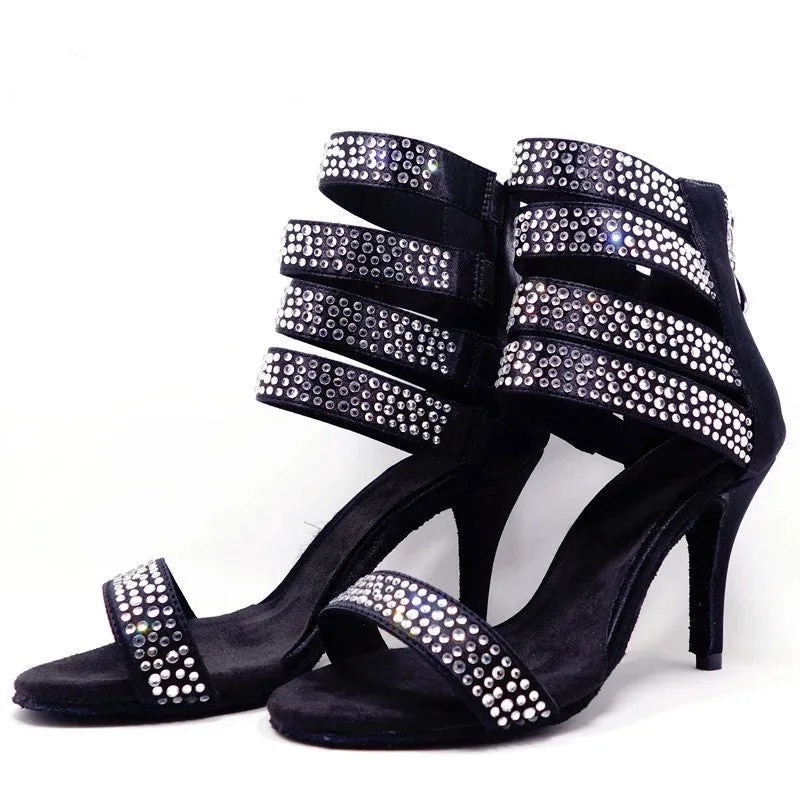 DS Women's Black Satin Customized Heel  Salsa Dance Shoes Heels Dance Boots With Rhinestone