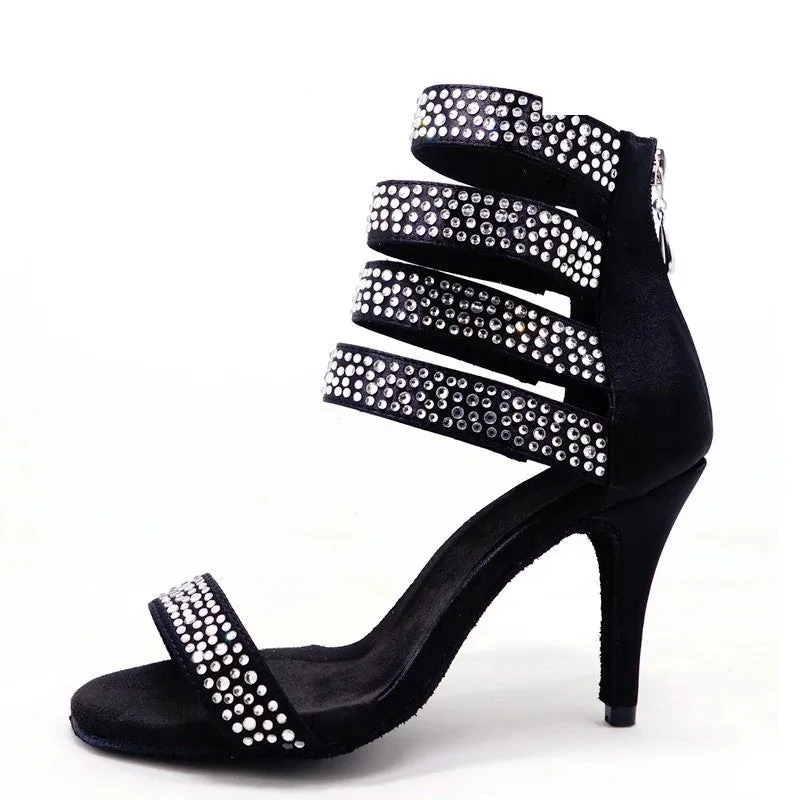 DS Women's Black Satin Customized Heel  Salsa Dance Shoes Heels Dance Boots With Rhinestone