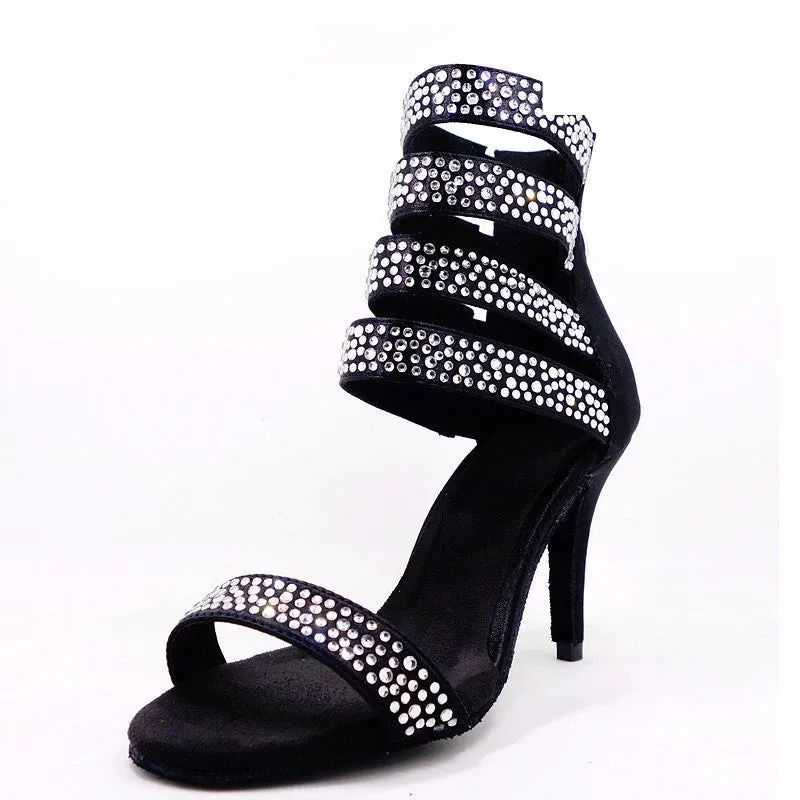 DS Women's Black Satin Customized Heel  Salsa Dance Shoes Heels Dance Boots With Rhinestone