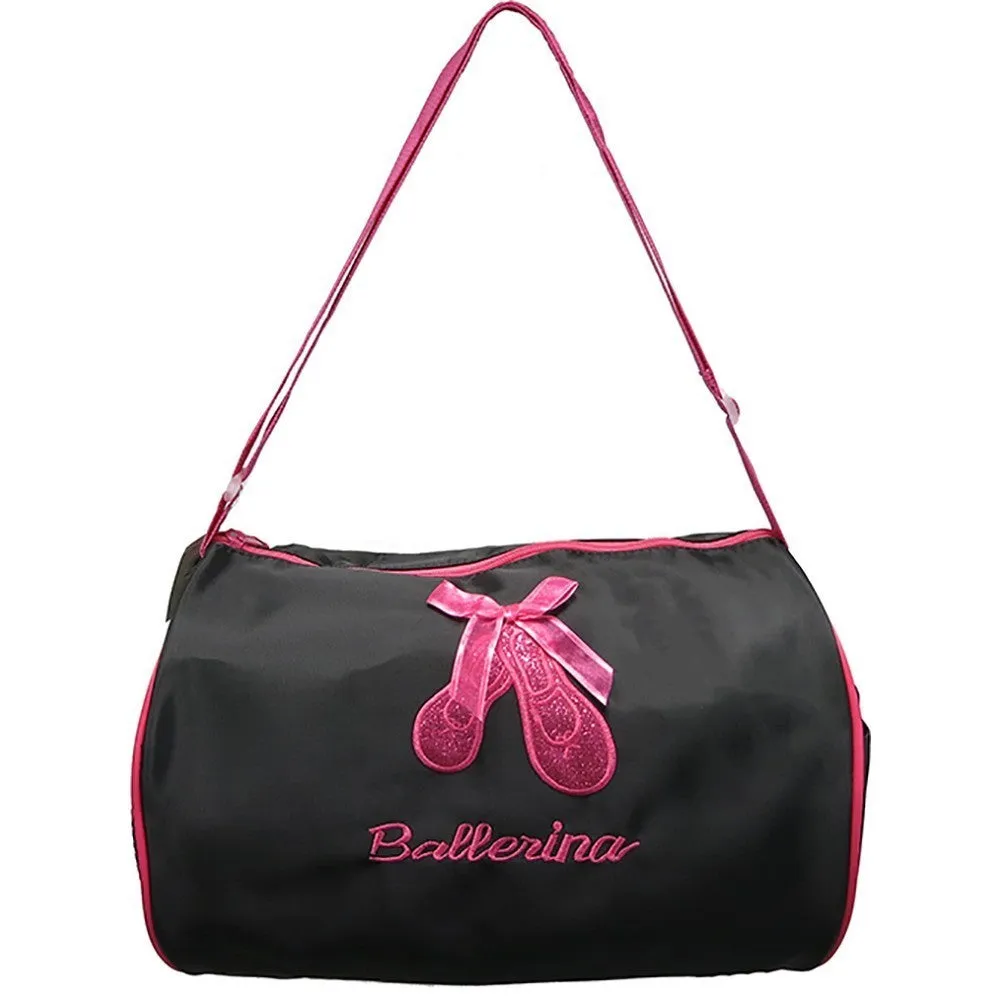 Girls Black Dark Pink Ballet Shoes Embroidery "Ballerina" Duffel Bag