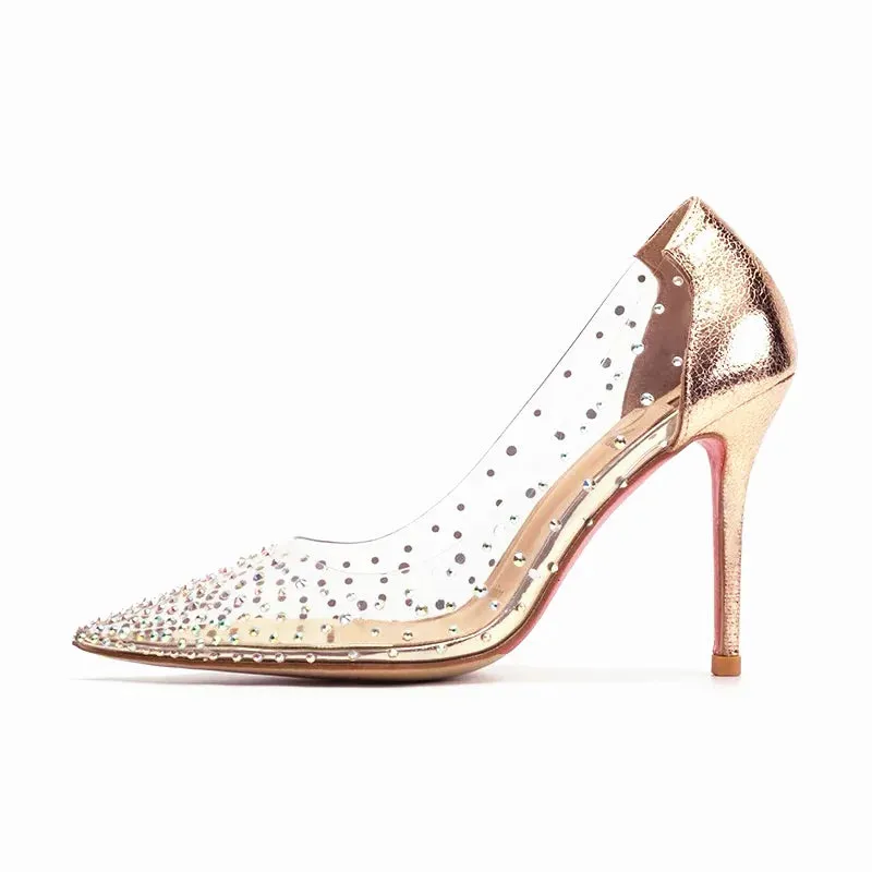 Hnzxzm 2024 Spring Office Ladies Sexy Pumps Woman PVC Transparent Thin High Heels Crystal Diamond Light Pointed Toe for Women's Shoes