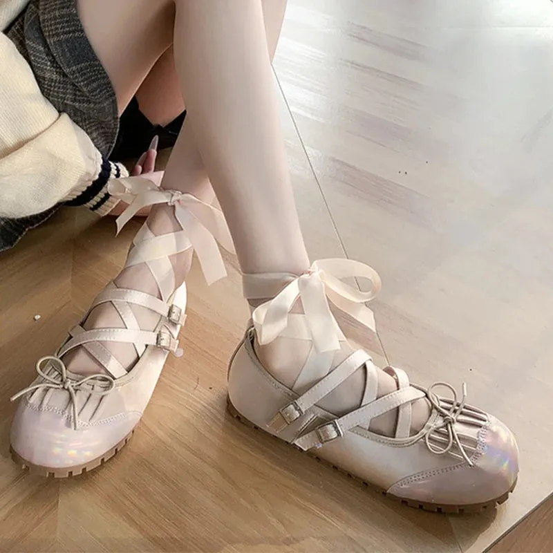 Hnzxzm Bow Ballet Dance Flats Women Shoes Shallow Mary Jane Fashion Dress Lolita Sandals 2024 Spring New Casual Cozy Zapatos Para Mujer
