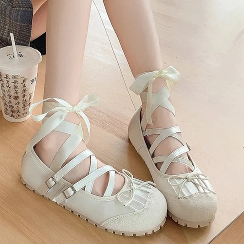 Hnzxzm Bow Ballet Dance Flats Women Shoes Shallow Mary Jane Fashion Dress Lolita Sandals 2024 Spring New Casual Cozy Zapatos Para Mujer