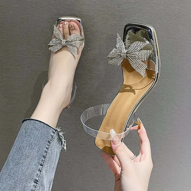 Hnzxzm Summer New Transparent PVC Fashion High with Sandals Fine with Bow Outside Wear Slippers Square Head Women Shoes