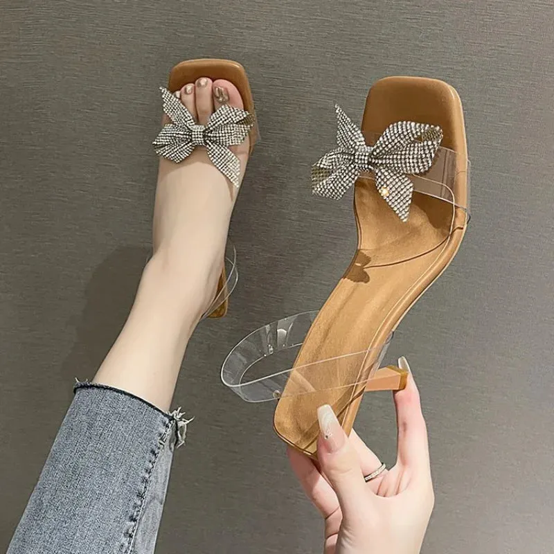 Hnzxzm Summer New Transparent PVC Fashion High with Sandals Fine with Bow Outside Wear Slippers Square Head Women Shoes