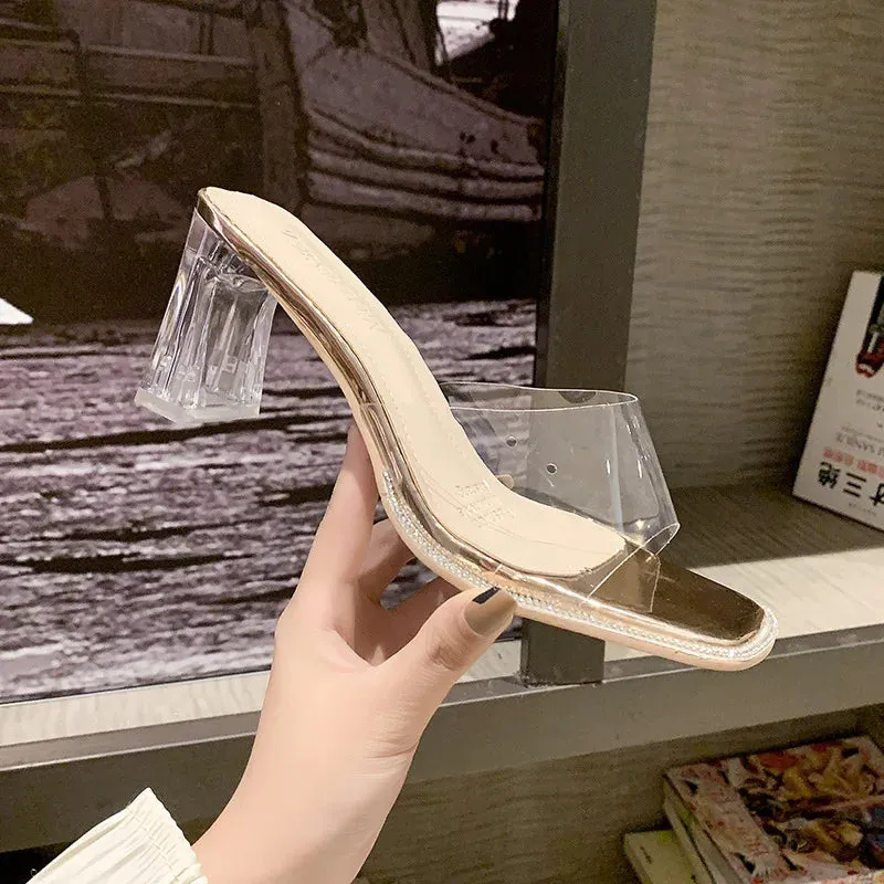 Hnzxzm Transparent High Heel Sandals for Women New Summer Desiger Crystal Shoes Female Fashion Casual Big Size Slippers Ladies