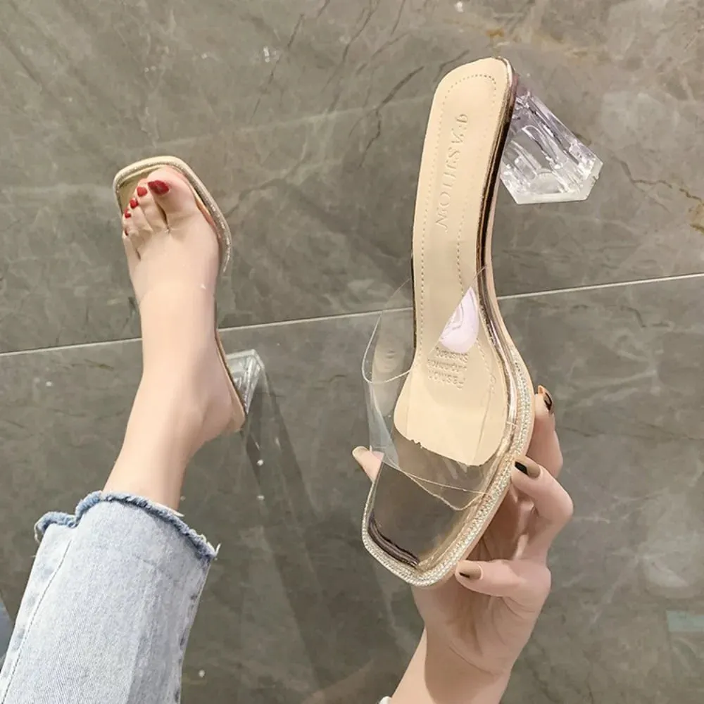 Hnzxzm Transparent High Heel Sandals for Women New Summer Desiger Crystal Shoes Female Fashion Casual Big Size Slippers Ladies