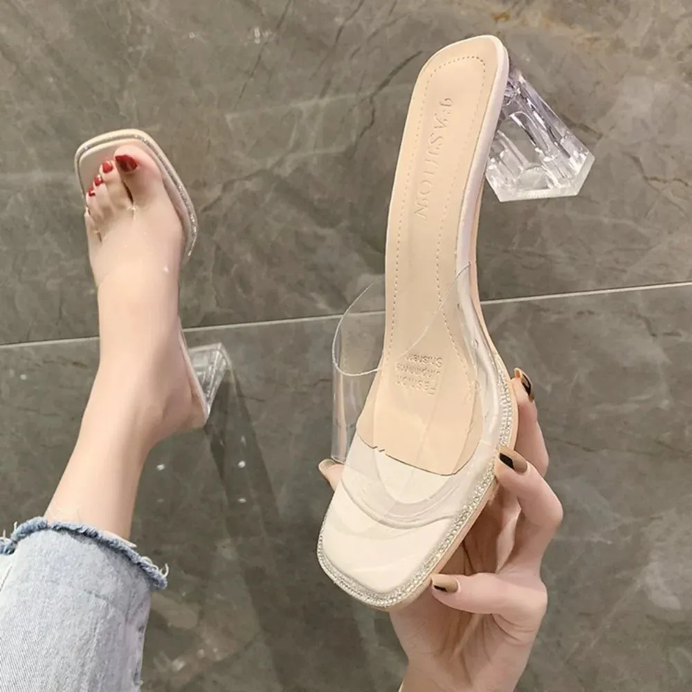 Hnzxzm Transparent High Heel Sandals for Women New Summer Desiger Crystal Shoes Female Fashion Casual Big Size Slippers Ladies