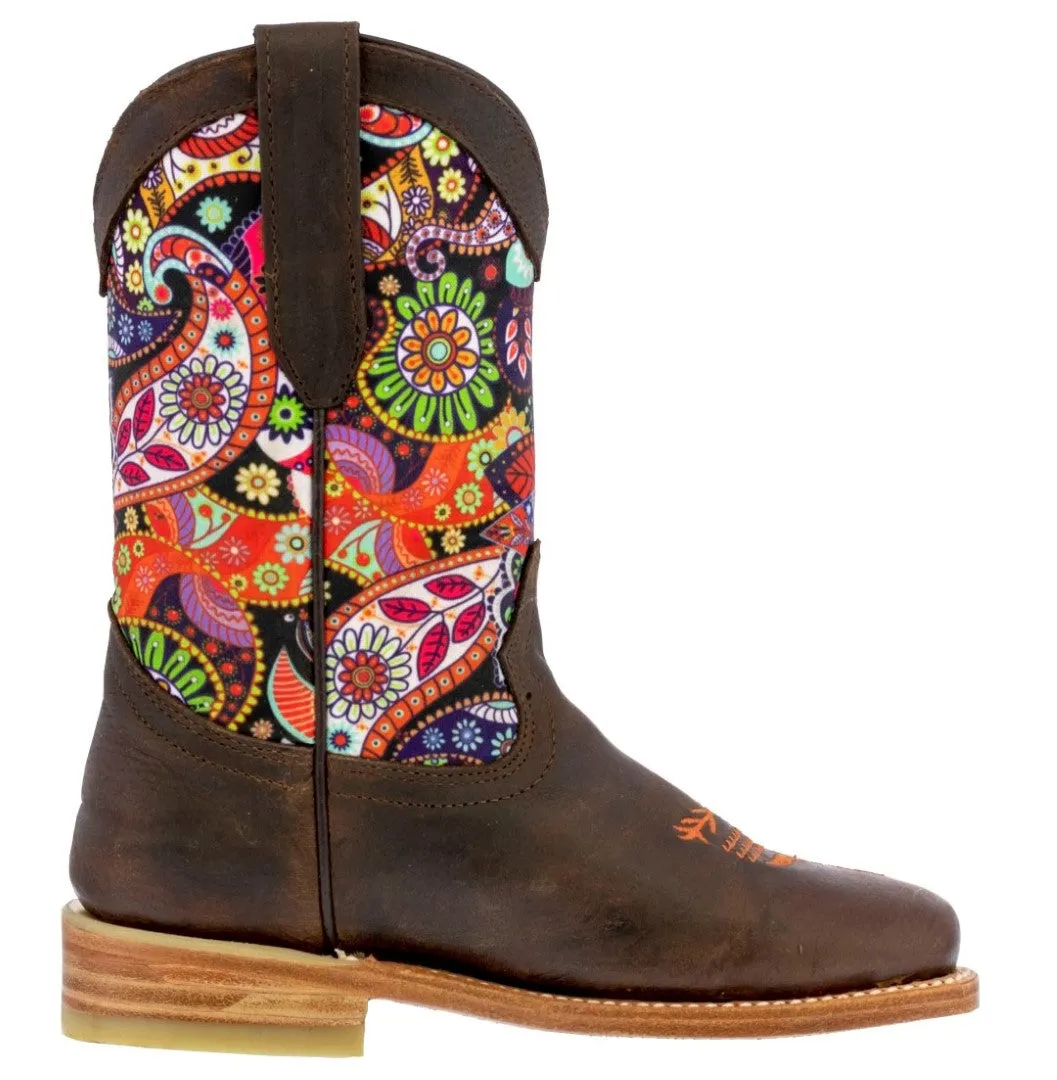 Kids Brown Western Cowboy Boots Paisley Pattern Leather Square Toe