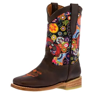 Kids Brown Western Cowboy Boots Paisley Pattern Leather Square Toe