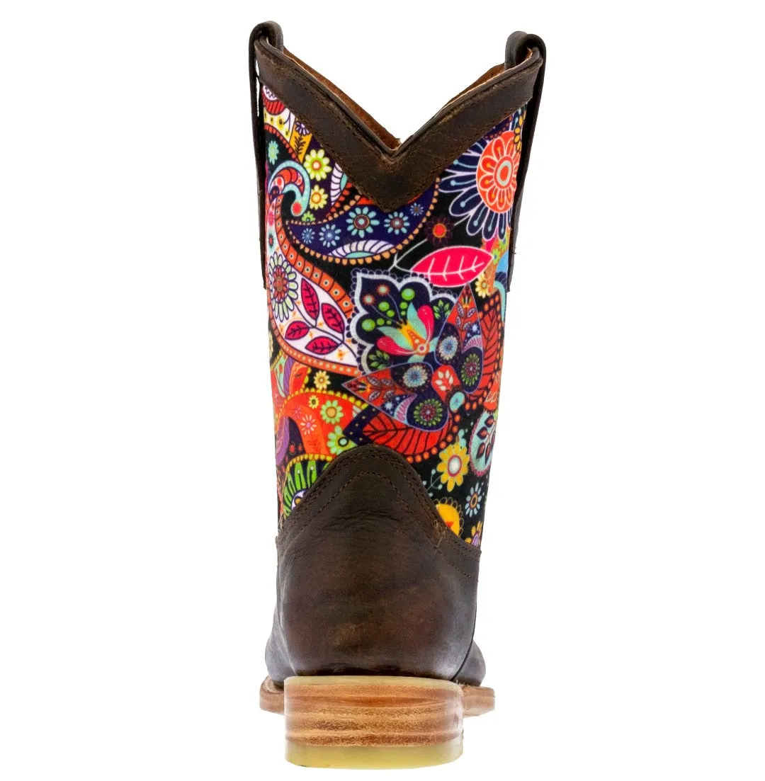 Kids Brown Western Cowboy Boots Paisley Pattern Leather Square Toe