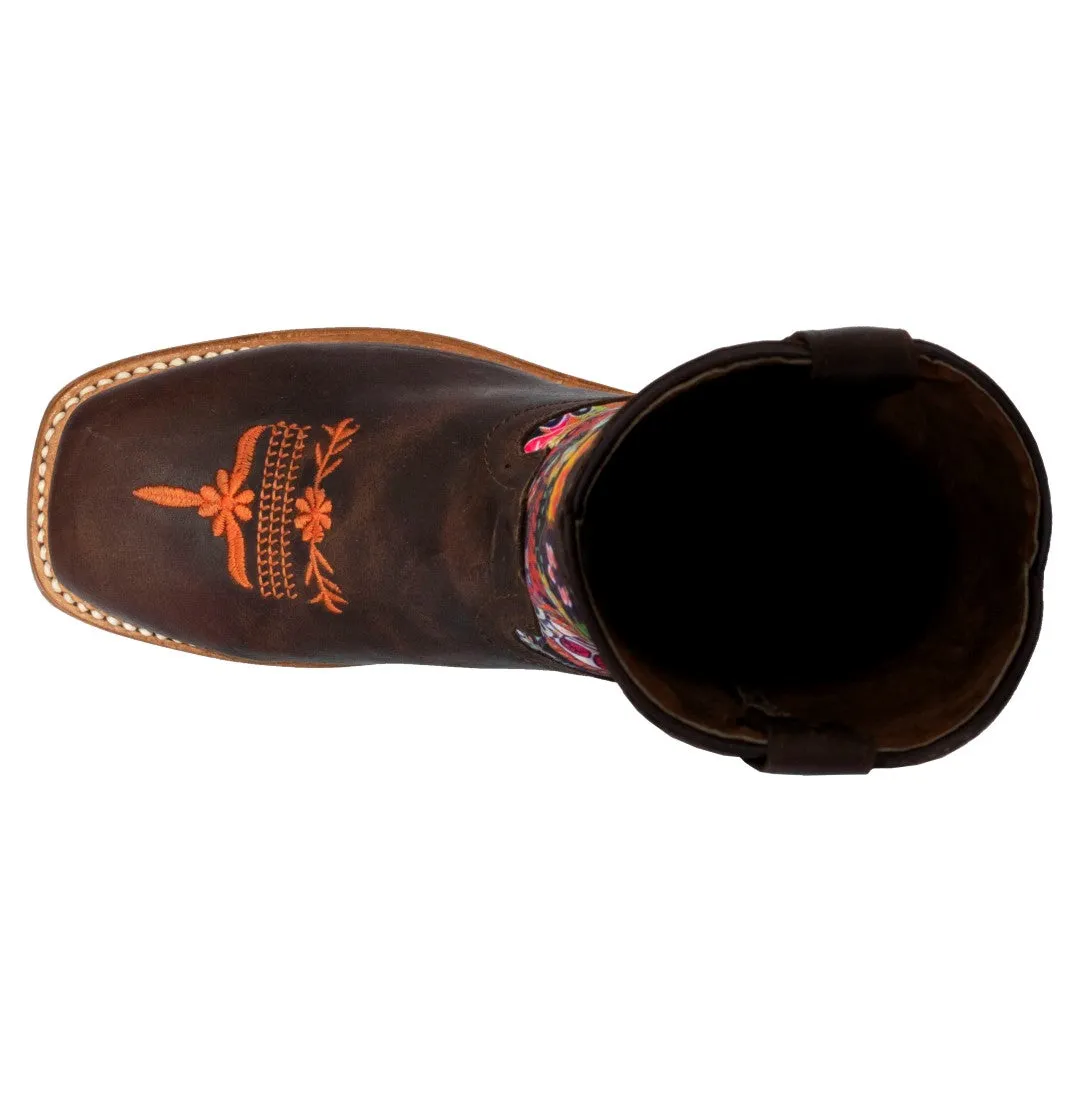 Kids Brown Western Cowboy Boots Paisley Pattern Leather Square Toe