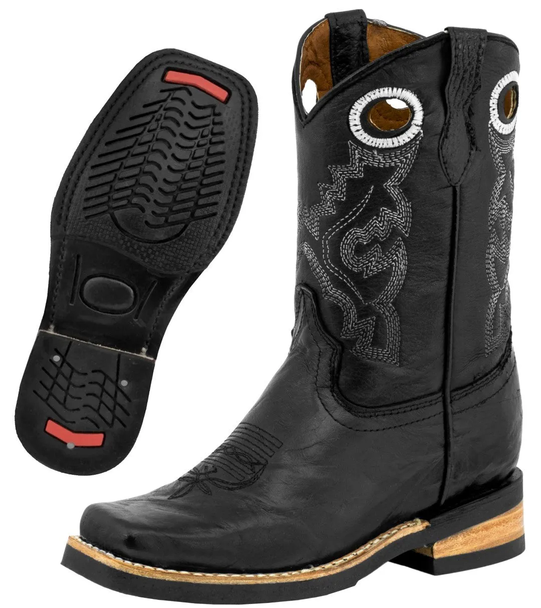 Kids Toddler Western Cowboy Boots Pull On Square Toe Black - #143