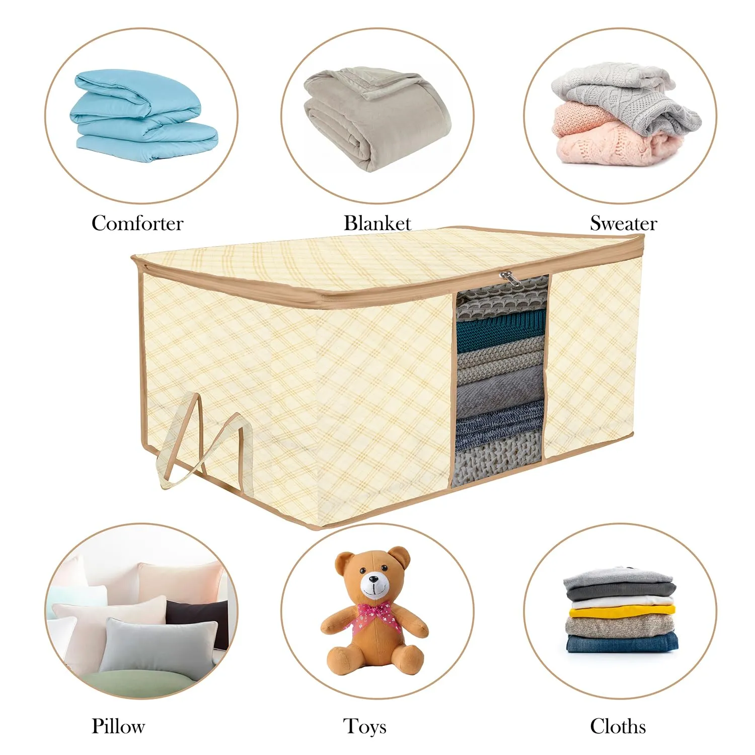 Kuber Industries Underbed Storage Bag | Clothes Storage Organizer | Blanket Cover with Clear Window | Zipper Closure & Handle Cloth Organizer | Check-Design | Large | Pack of 3 | Cream