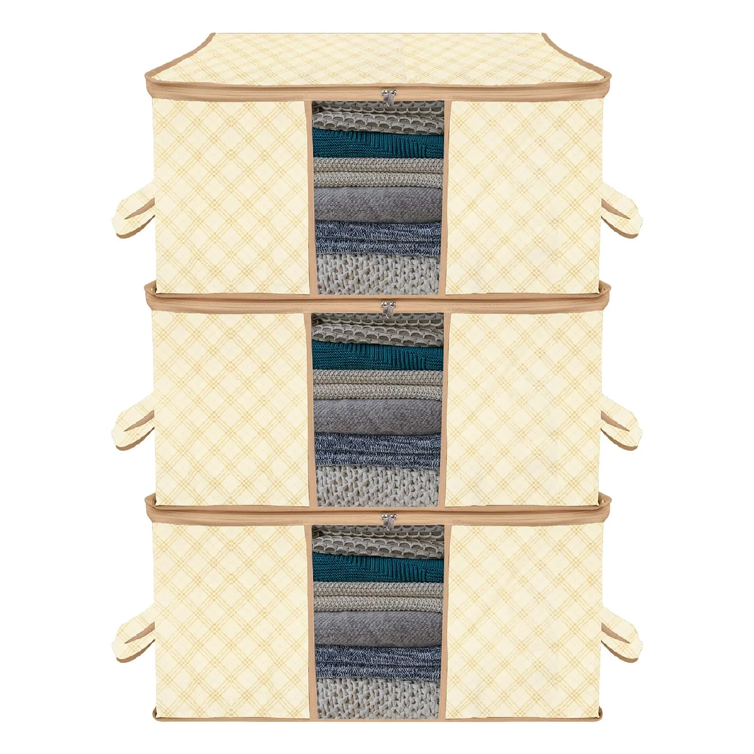 Kuber Industries Underbed Storage Bag | Clothes Storage Organizer | Blanket Cover with Clear Window | Zipper Closure & Handle Cloth Organizer | Check-Design | Large | Pack of 3 | Cream