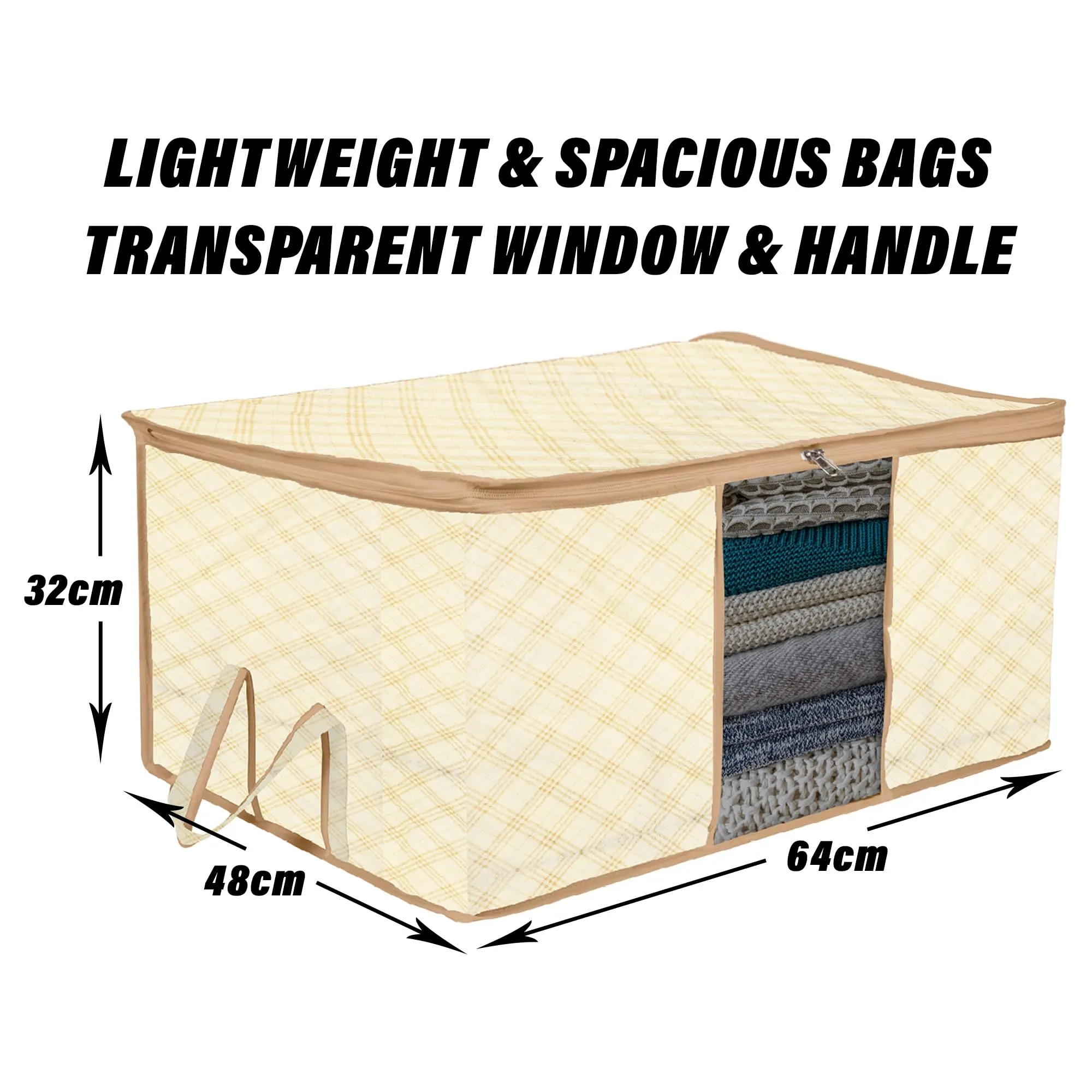 Kuber Industries Underbed Storage Bag | Clothes Storage Organizer | Blanket Cover with Clear Window | Zipper Closure & Handle Cloth Organizer | Check-Design | Large | Pack of 3 | Cream