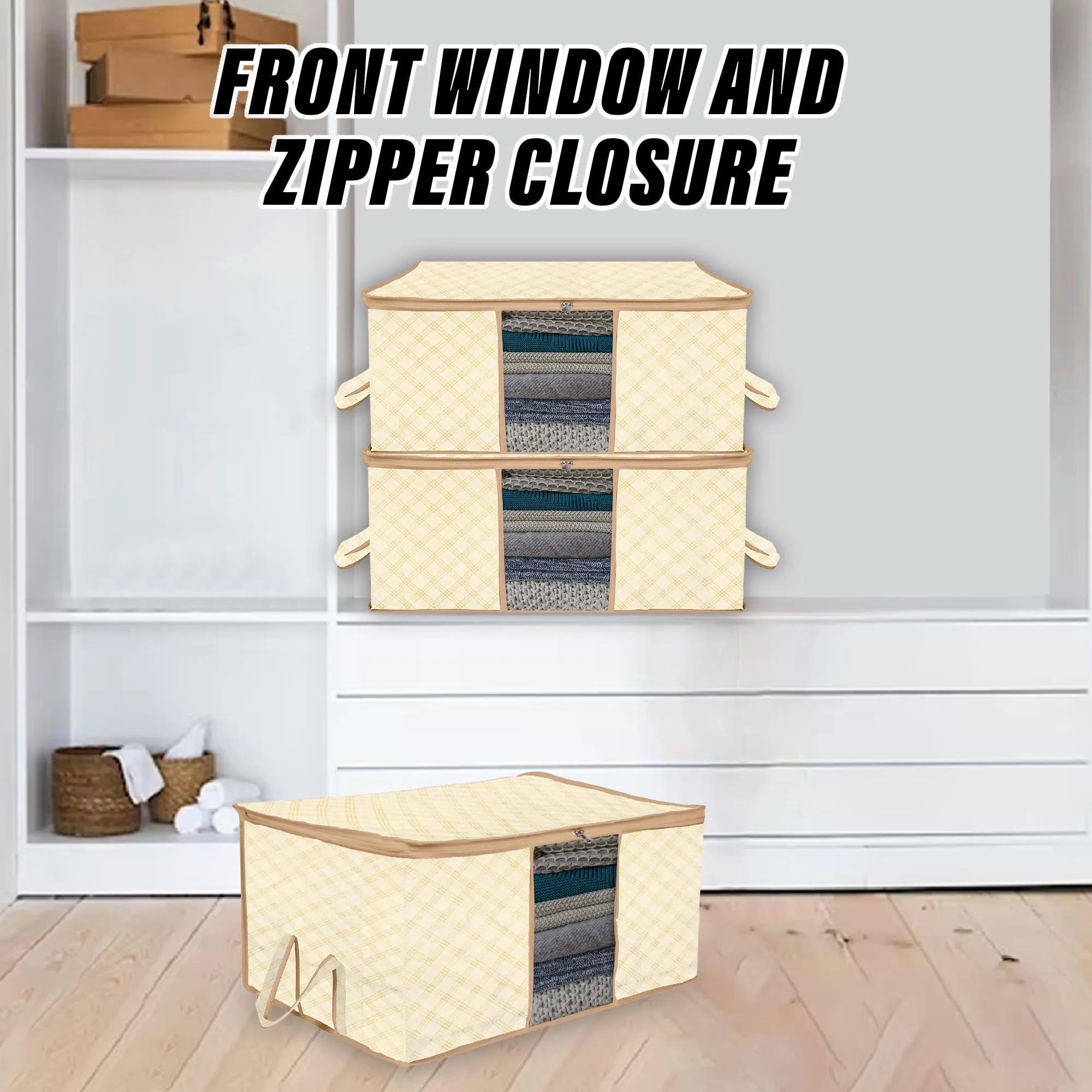 Kuber Industries Underbed Storage Bag | Clothes Storage Organizer | Blanket Cover with Clear Window | Zipper Closure & Handle Cloth Organizer | Check-Design | Large | Pack of 3 | Cream