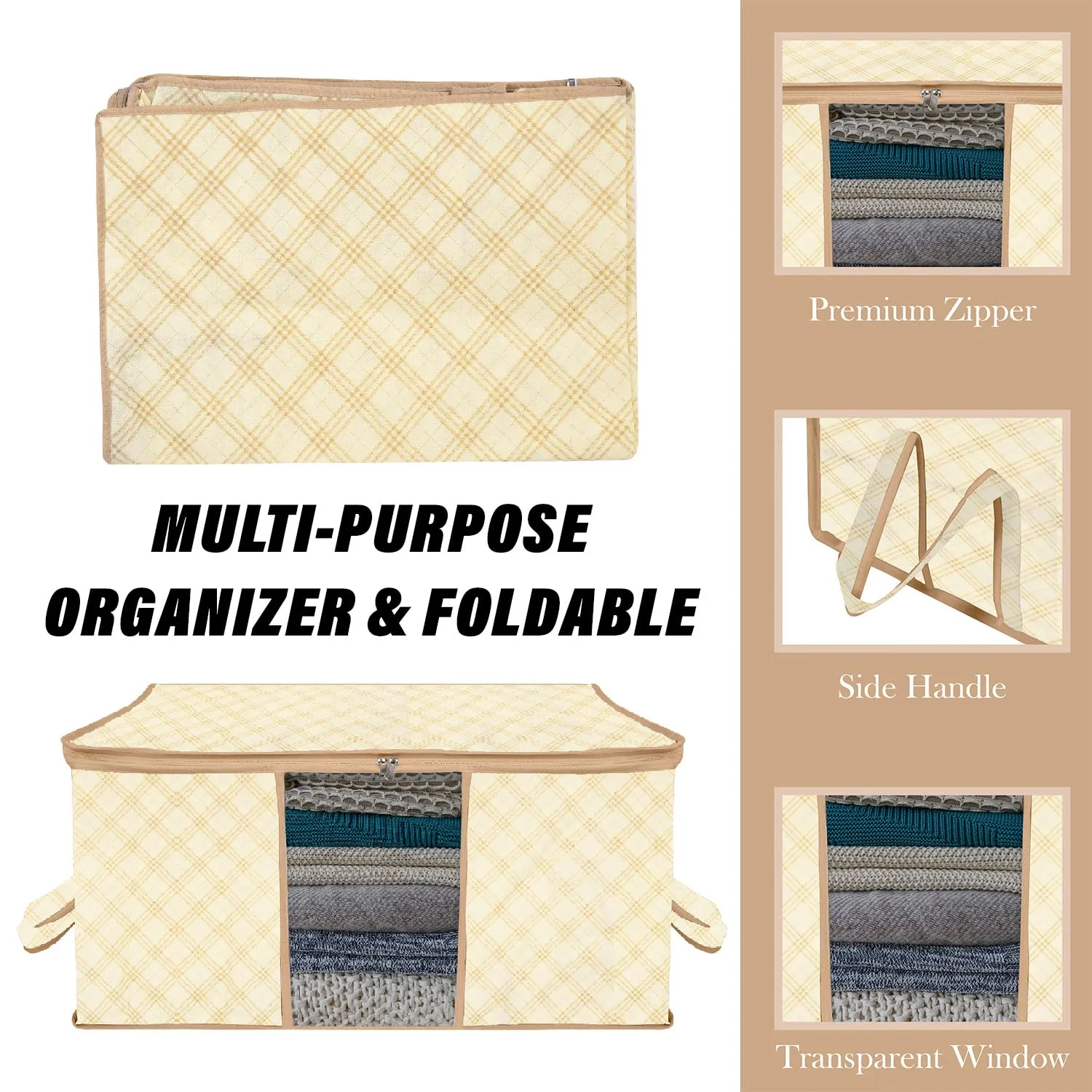 Kuber Industries Underbed Storage Bag | Clothes Storage Organizer | Blanket Cover with Clear Window | Zipper Closure & Handle Cloth Organizer | Check-Design | Large | Pack of 3 | Cream