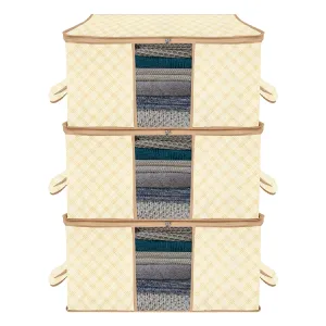 Kuber Industries Underbed Storage Bag | Clothes Storage Organizer | Blanket Cover with Clear Window | Zipper Closure & Handle Cloth Organizer | Check-Design | Large | Pack of 3 | Cream