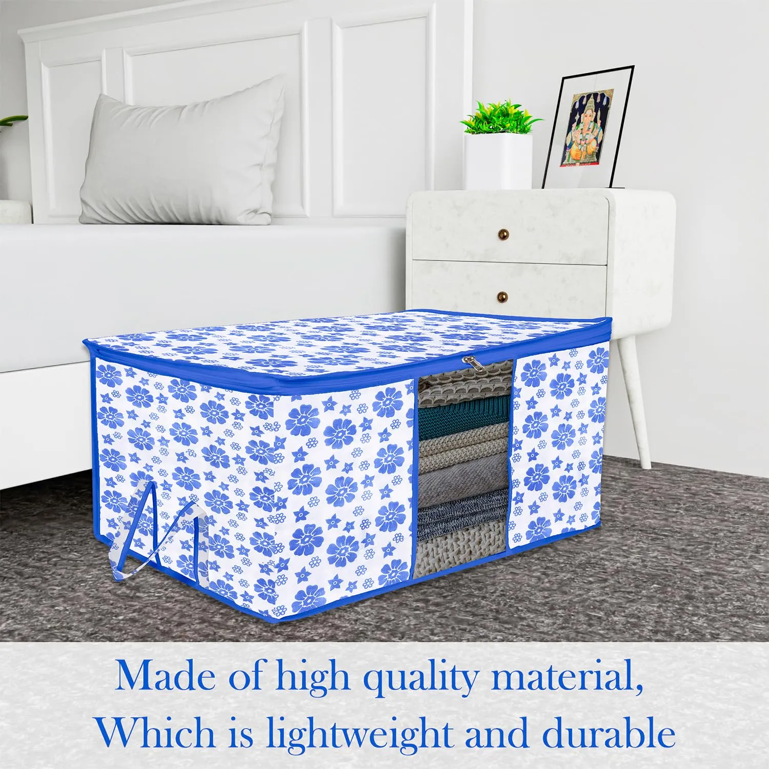 Kuber Industries Underbed Storage Bag | Clothes Storage Organizer | Blanket Cover with Clear Window | Zipper Closure & Handle Cloth Organizer | Flower-Design | Large | Pack of 6 | Blue