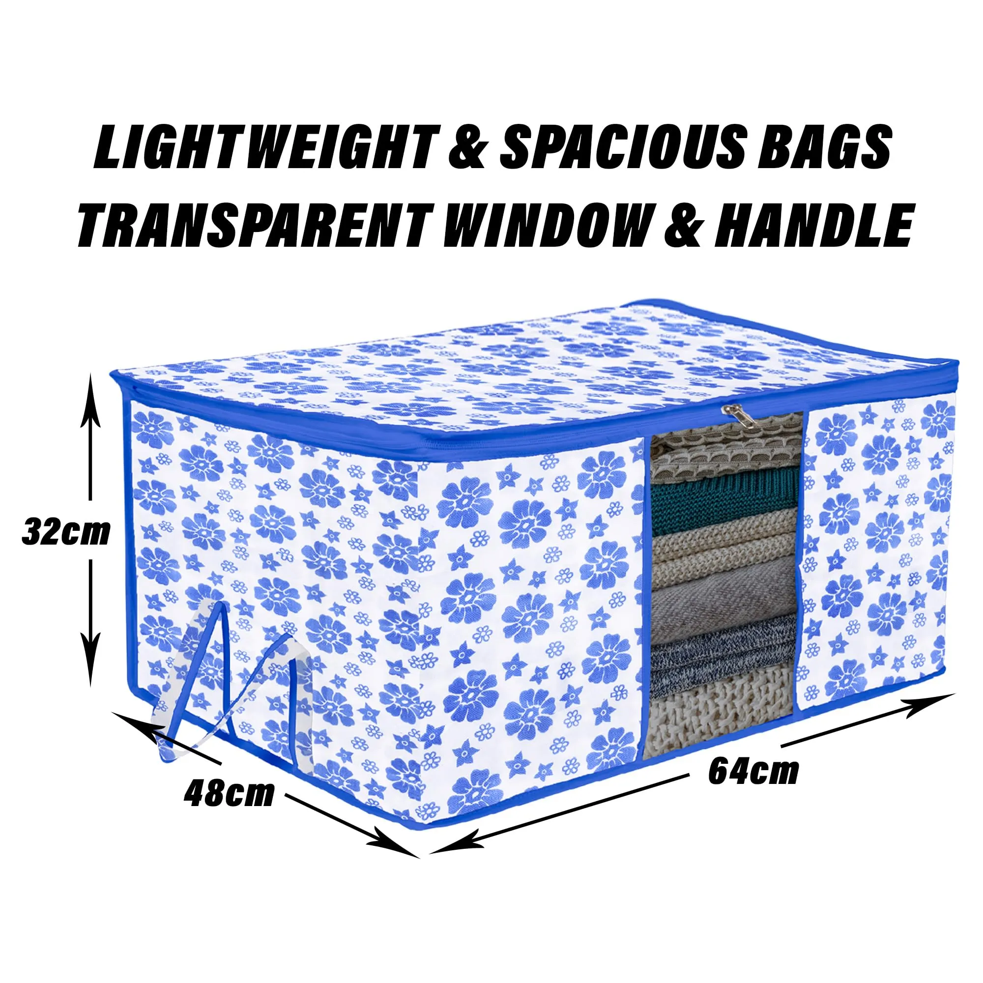 Kuber Industries Underbed Storage Bag | Clothes Storage Organizer | Blanket Cover with Clear Window | Zipper Closure & Handle Cloth Organizer | Flower-Design | Large | Pack of 6 | Blue