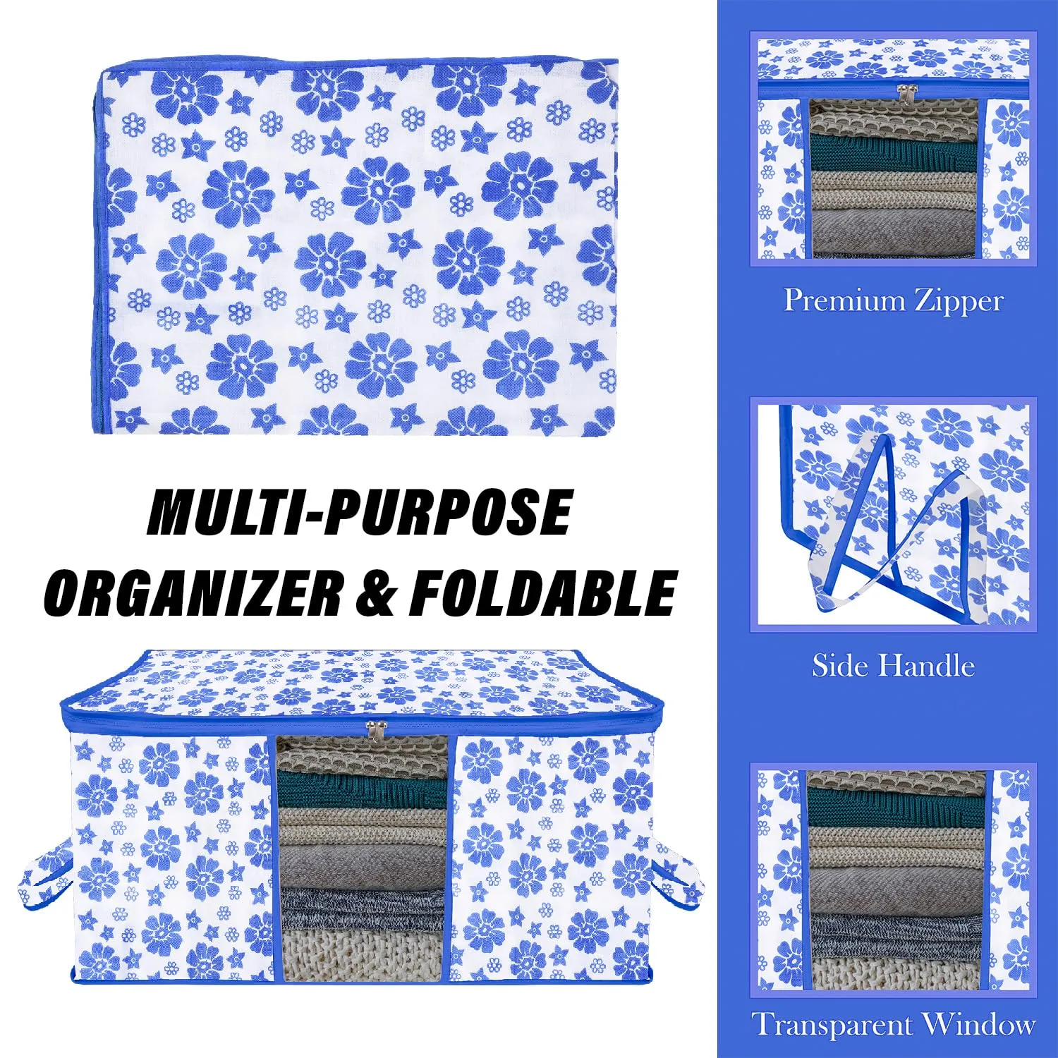 Kuber Industries Underbed Storage Bag | Clothes Storage Organizer | Blanket Cover with Clear Window | Zipper Closure & Handle Cloth Organizer | Flower-Design | Large | Pack of 6 | Blue