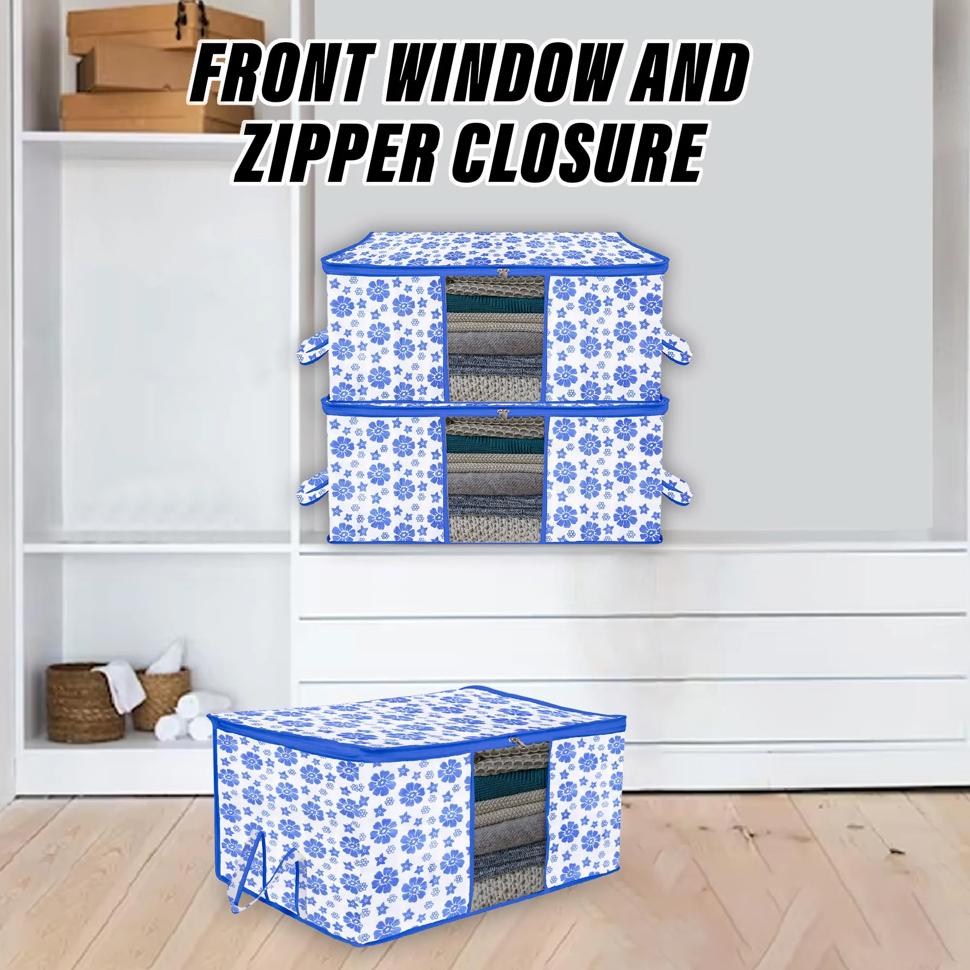 Kuber Industries Underbed Storage Bag | Clothes Storage Organizer | Blanket Cover with Clear Window | Zipper Closure & Handle Cloth Organizer | Flower-Design | Large | Pack of 6 | Blue