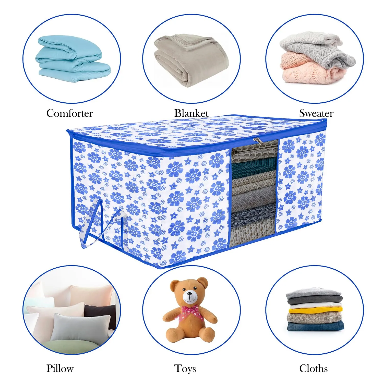 Kuber Industries Underbed Storage Bag | Clothes Storage Organizer | Blanket Cover with Clear Window | Zipper Closure & Handle Cloth Organizer | Flower-Design | Large | Pack of 6 | Blue