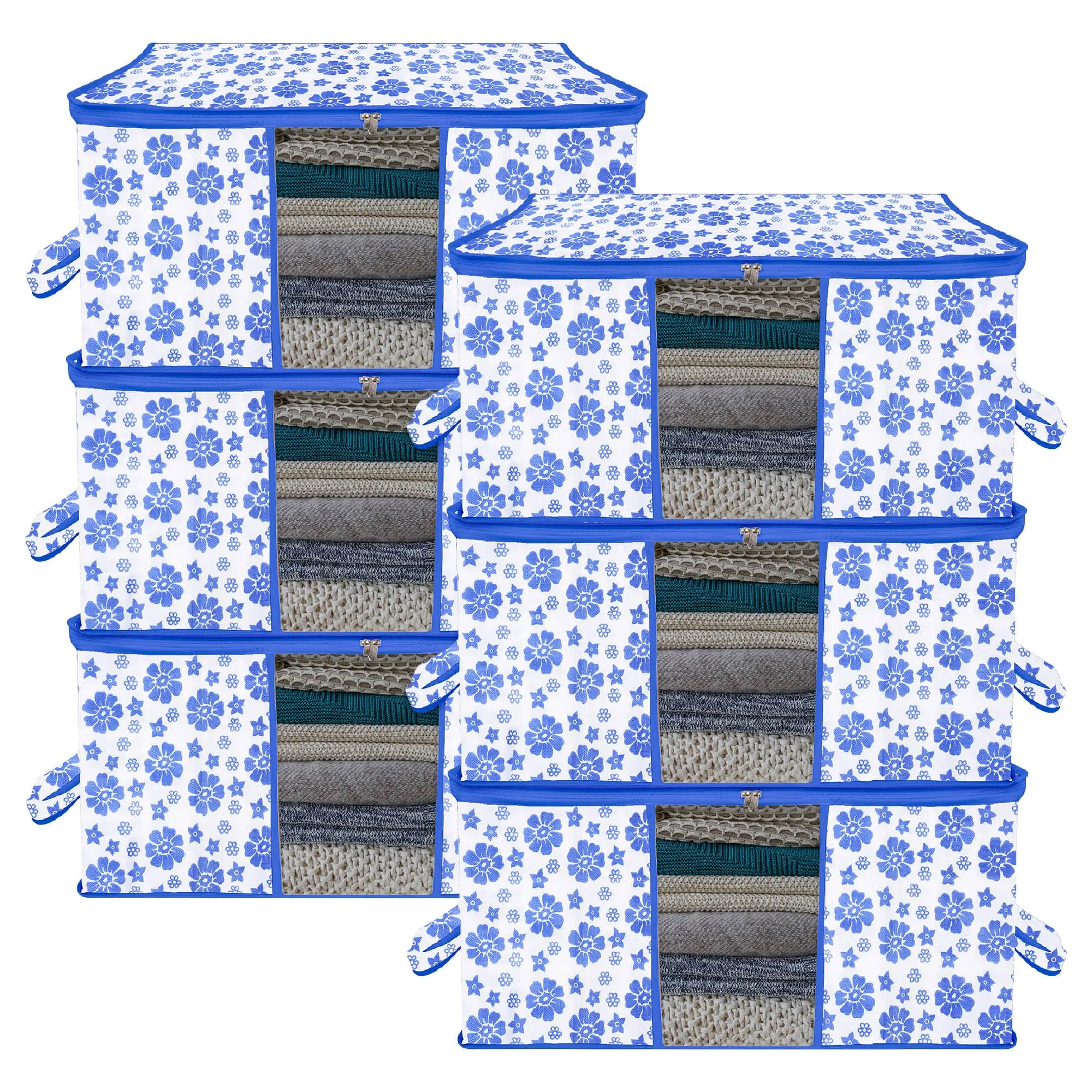 Kuber Industries Underbed Storage Bag | Clothes Storage Organizer | Blanket Cover with Clear Window | Zipper Closure & Handle Cloth Organizer | Flower-Design | Large | Pack of 6 | Blue
