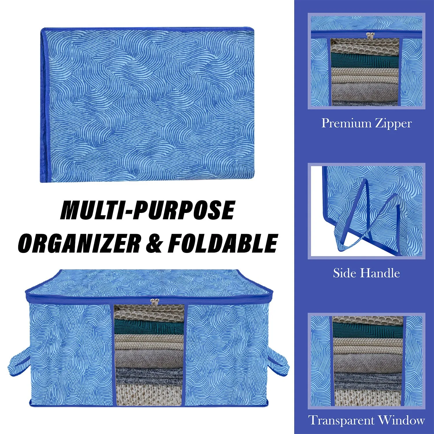 Kuber Industries Underbed Storage Bag | Clothes Storage Organizer | Blanket Cover with Clear Window | Zipper Closure & Handle Cloth Organizer | Lahariya-Design | Large | Pack of 3 | Blue