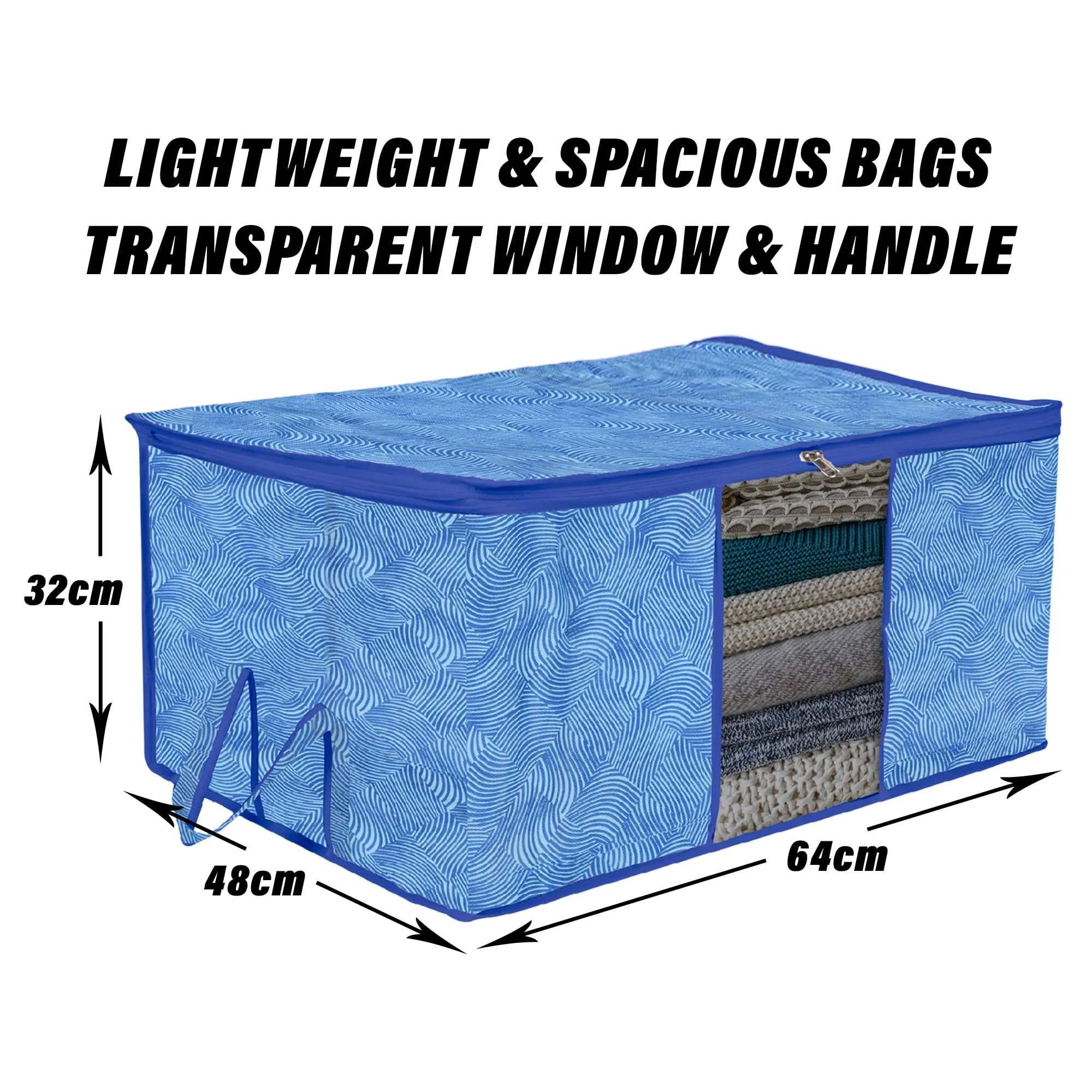 Kuber Industries Underbed Storage Bag | Clothes Storage Organizer | Blanket Cover with Clear Window | Zipper Closure & Handle Cloth Organizer | Lahariya-Design | Large | Pack of 3 | Blue