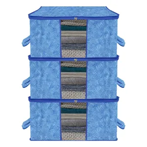 Kuber Industries Underbed Storage Bag | Clothes Storage Organizer | Blanket Cover with Clear Window | Zipper Closure & Handle Cloth Organizer | Lahariya-Design | Large | Pack of 3 | Blue