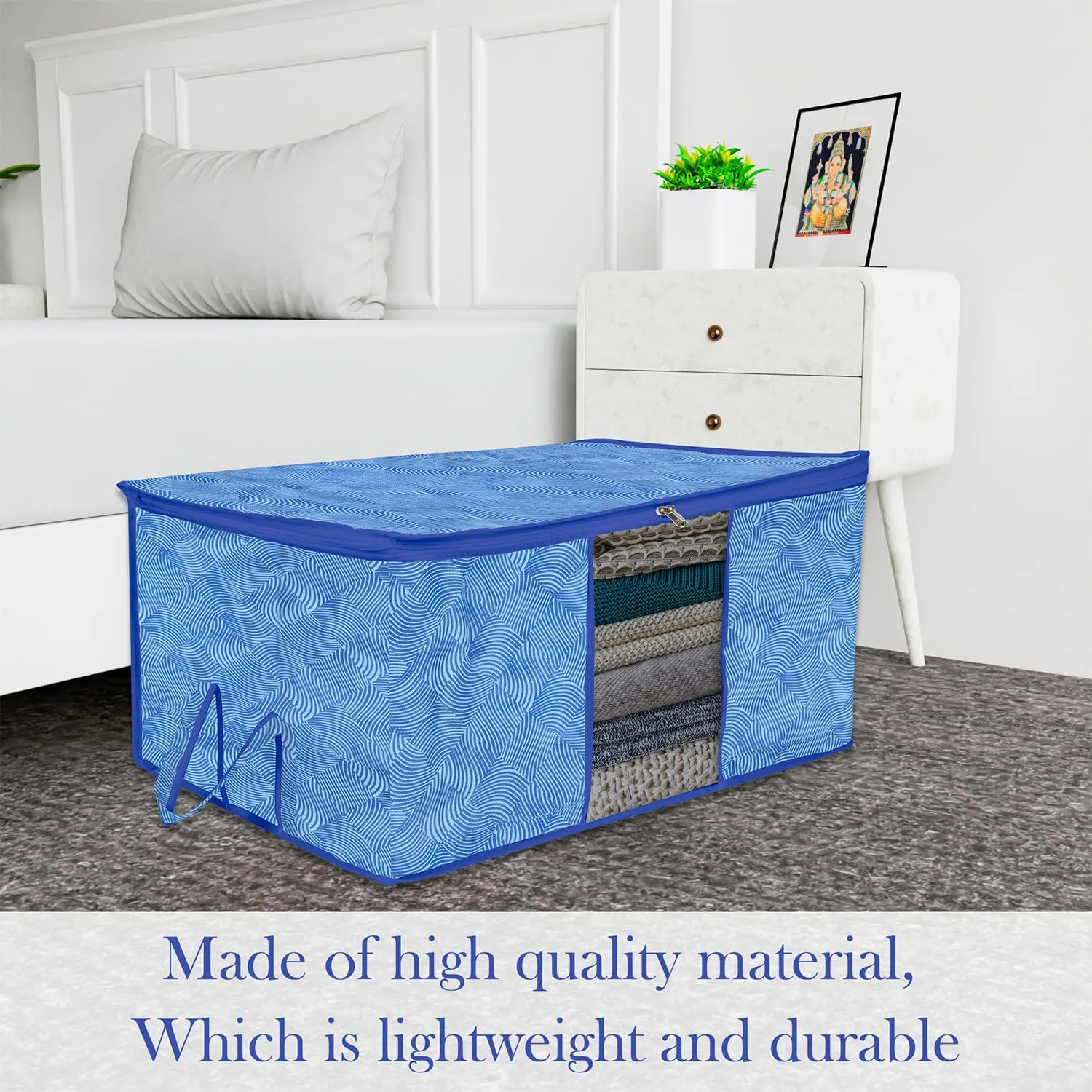 Kuber Industries Underbed Storage Bag | Clothes Storage Organizer | Blanket Cover with Clear Window | Zipper Closure & Handle Cloth Organizer | Lahariya-Design | Large | Pack of 3 | Blue