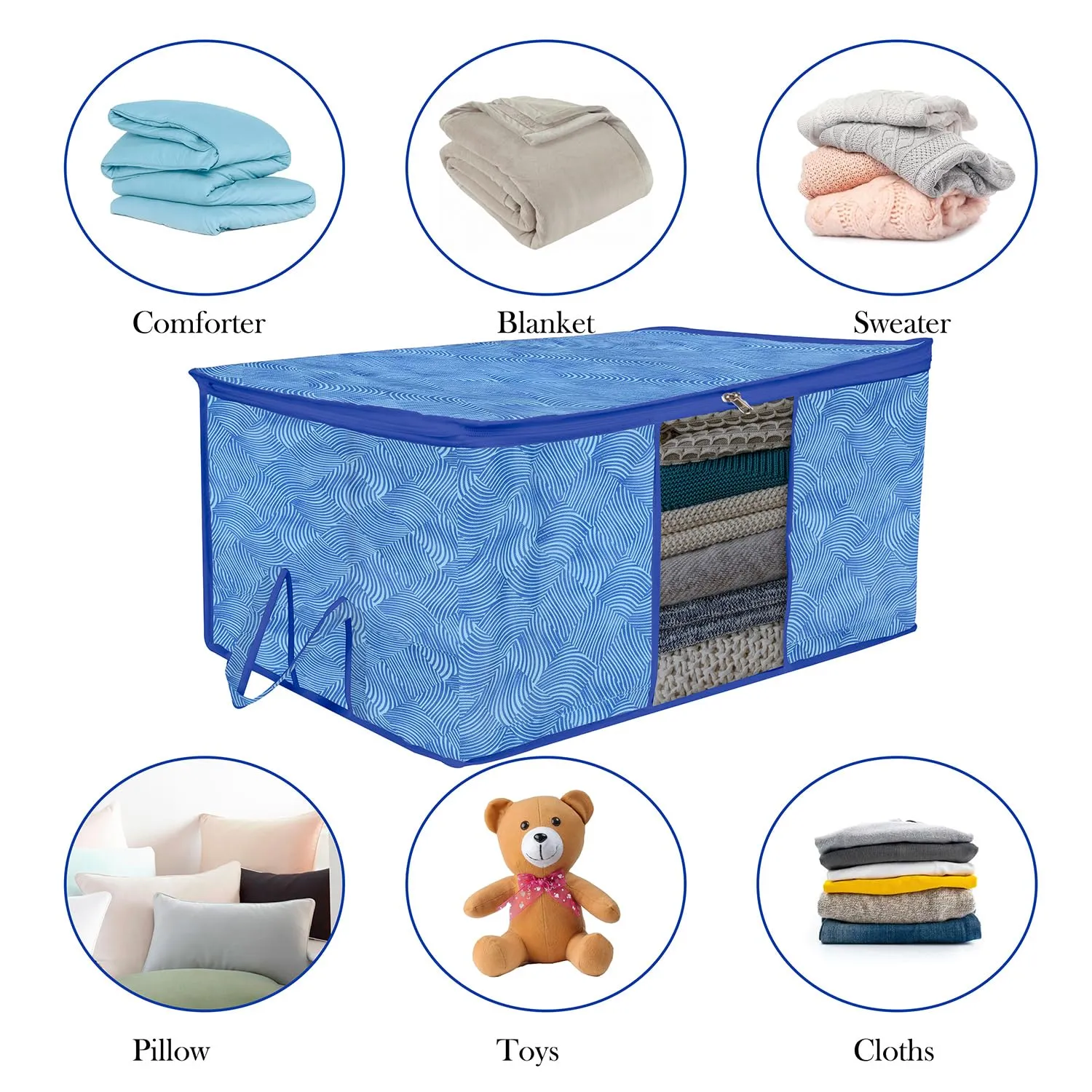 Kuber Industries Underbed Storage Bag | Clothes Storage Organizer | Blanket Cover with Clear Window | Zipper Closure & Handle Cloth Organizer | Lahariya-Design | Large | Pack of 3 | Blue