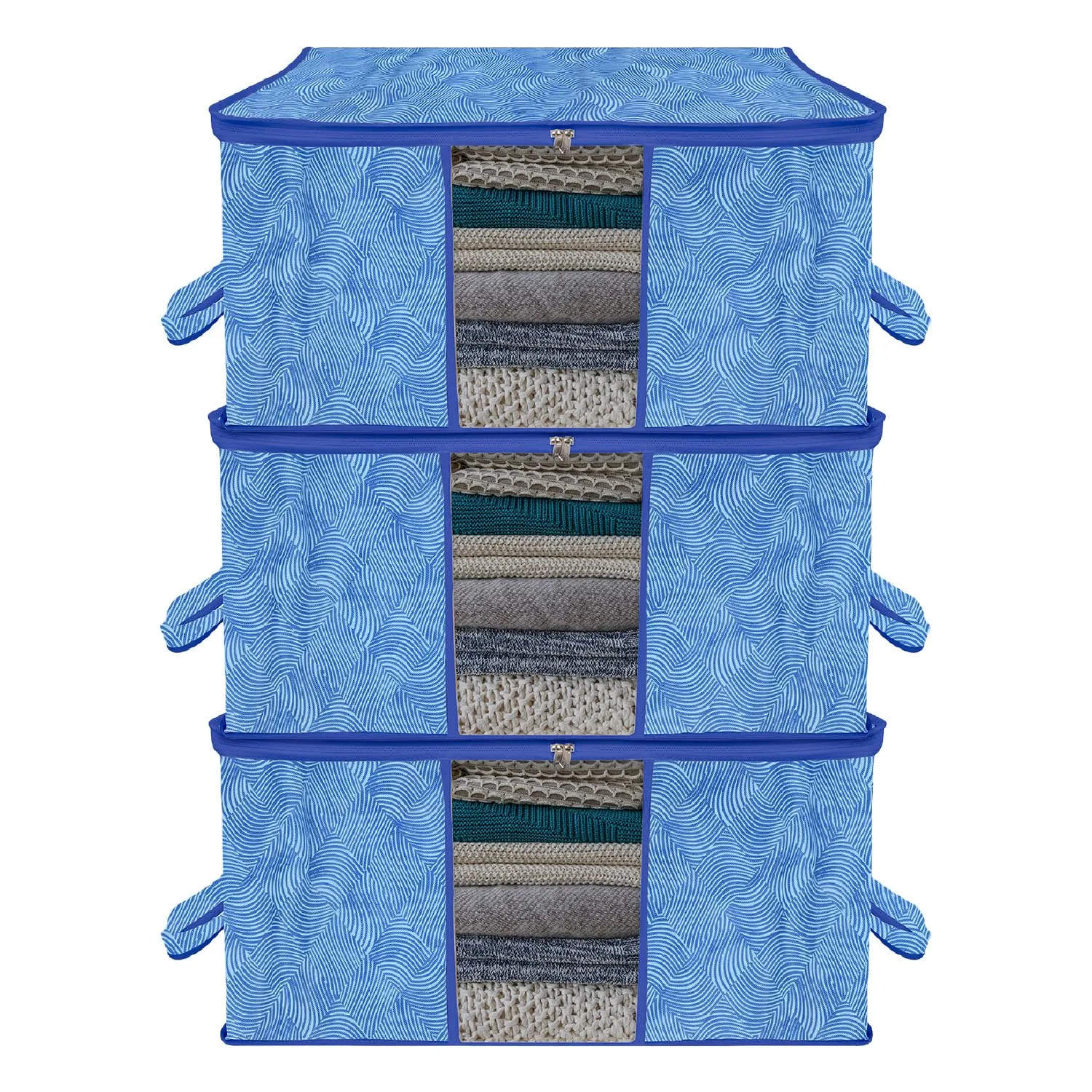 Kuber Industries Underbed Storage Bag | Clothes Storage Organizer | Blanket Cover with Clear Window | Zipper Closure & Handle Cloth Organizer | Lahariya-Design | Large | Pack of 3 | Blue