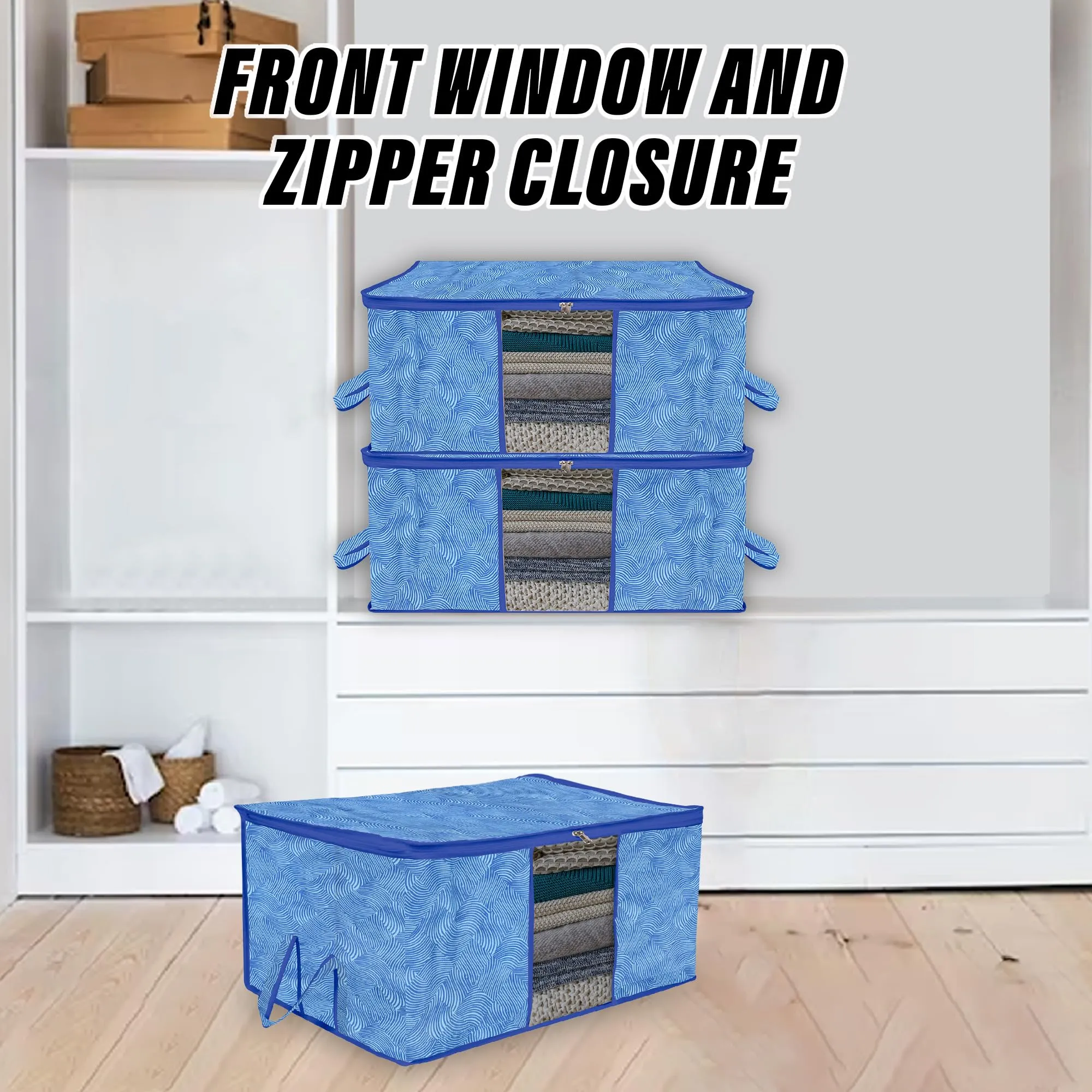 Kuber Industries Underbed Storage Bag | Clothes Storage Organizer | Blanket Cover with Clear Window | Zipper Closure & Handle Cloth Organizer | Lahariya-Design | Large | Pack of 3 | Blue