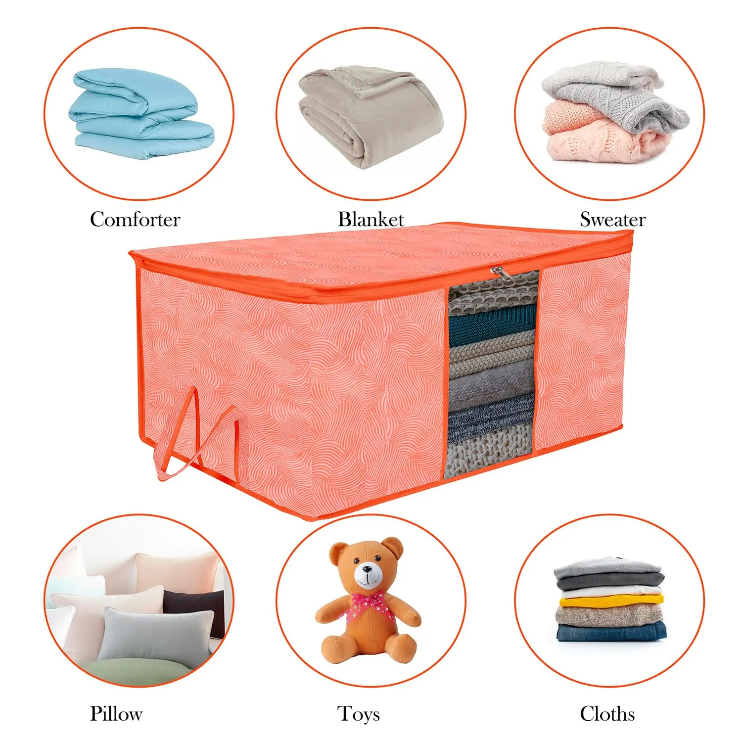 Kuber Industries Underbed Storage Bag | Clothes Storage Organizer | Blanket Cover with Clear Window | Zipper Closure & Handle Cloth Organizer | Lahariya-Design | Large | Pack of 3 | Orange