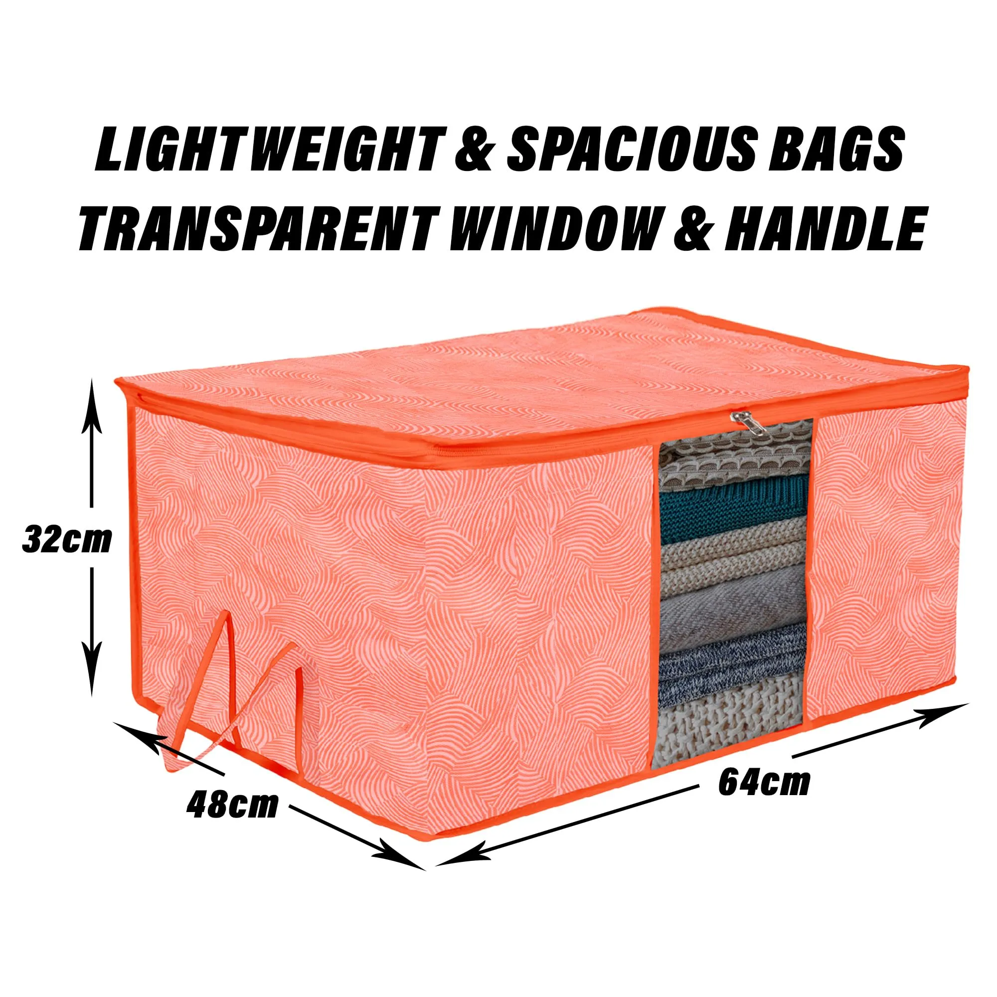 Kuber Industries Underbed Storage Bag | Clothes Storage Organizer | Blanket Cover with Clear Window | Zipper Closure & Handle Cloth Organizer | Lahariya-Design | Large | Pack of 3 | Orange