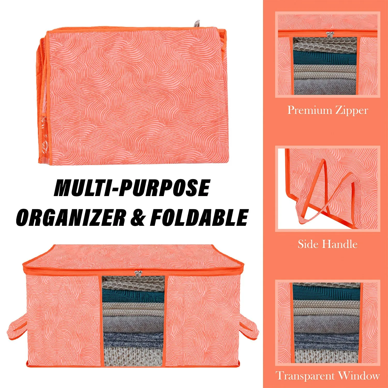 Kuber Industries Underbed Storage Bag | Clothes Storage Organizer | Blanket Cover with Clear Window | Zipper Closure & Handle Cloth Organizer | Lahariya-Design | Large | Pack of 3 | Orange