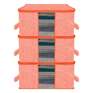 Kuber Industries Underbed Storage Bag | Clothes Storage Organizer | Blanket Cover with Clear Window | Zipper Closure & Handle Cloth Organizer | Lahariya-Design | Large | Pack of 3 | Orange