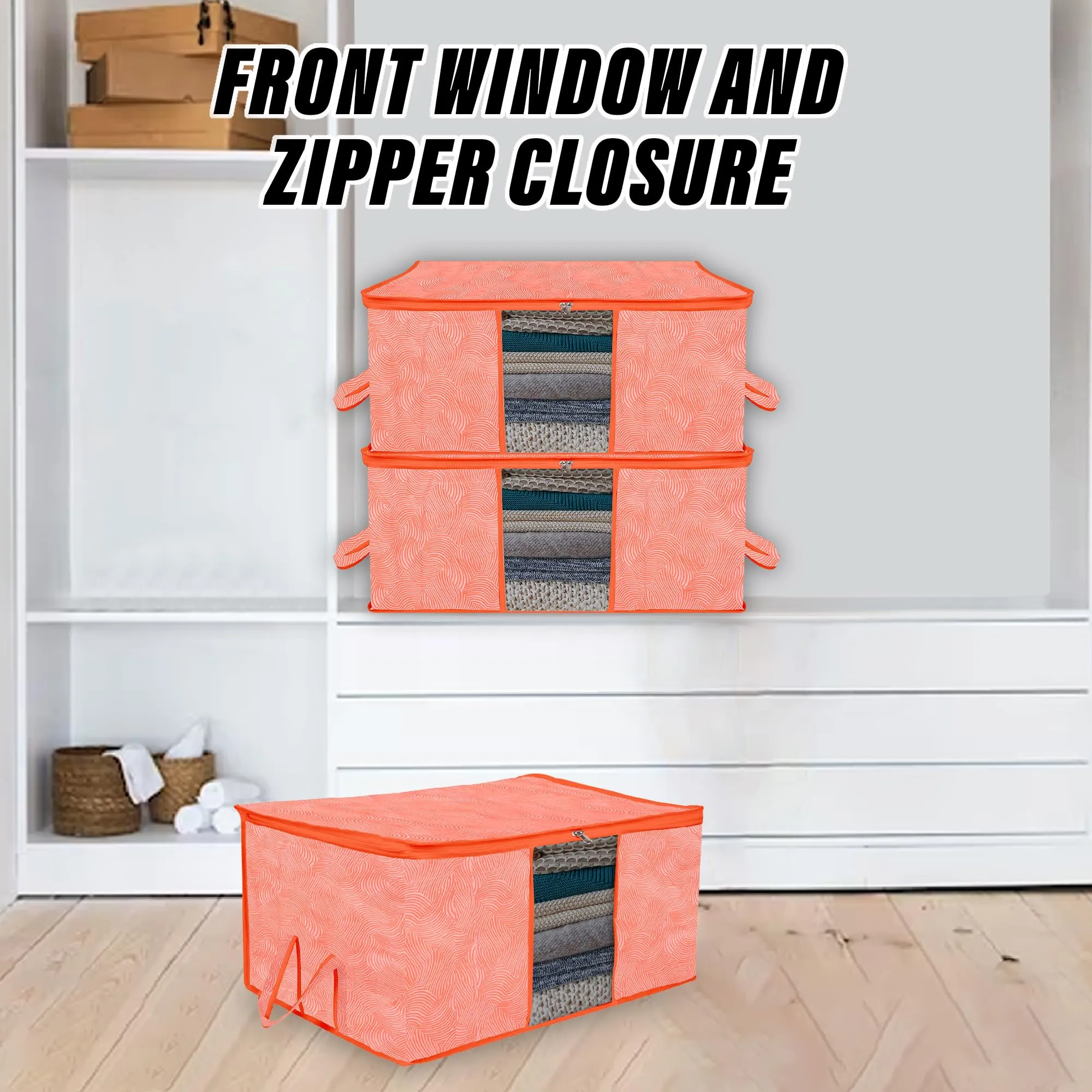 Kuber Industries Underbed Storage Bag | Clothes Storage Organizer | Blanket Cover with Clear Window | Zipper Closure & Handle Cloth Organizer | Lahariya-Design | Large | Pack of 3 | Orange