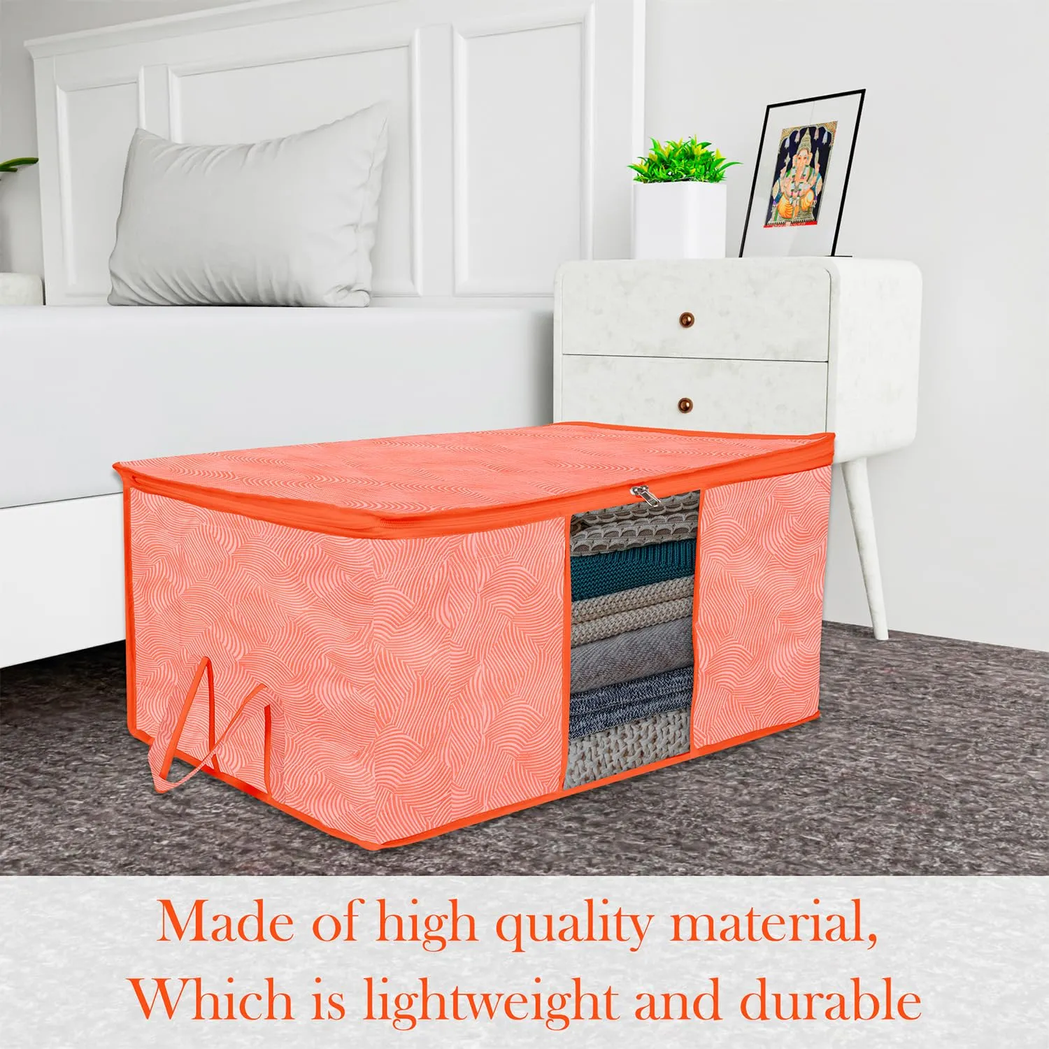 Kuber Industries Underbed Storage Bag | Clothes Storage Organizer | Blanket Cover with Clear Window | Zipper Closure & Handle Cloth Organizer | Lahariya-Design | Large | Pack of 3 | Orange