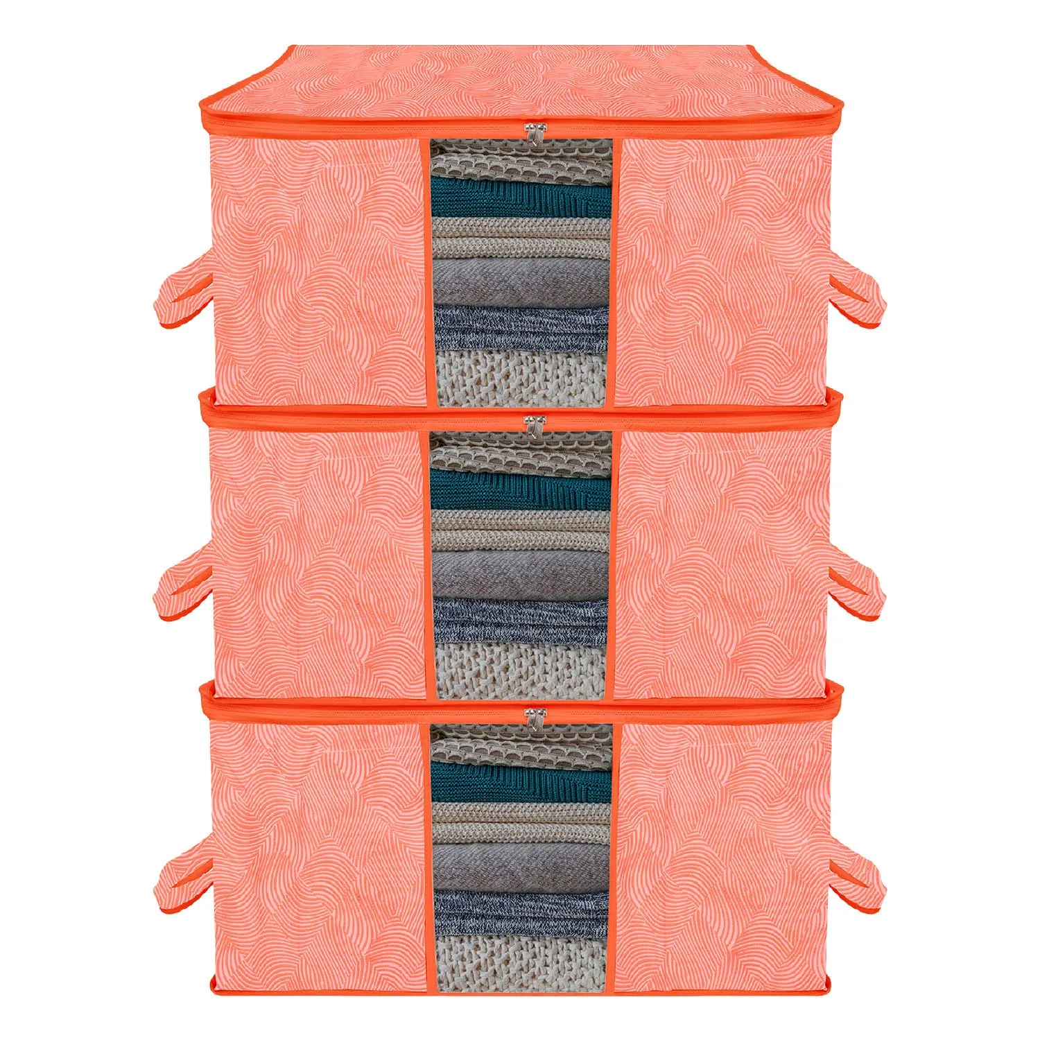 Kuber Industries Underbed Storage Bag | Clothes Storage Organizer | Blanket Cover with Clear Window | Zipper Closure & Handle Cloth Organizer | Lahariya-Design | Large | Pack of 3 | Orange