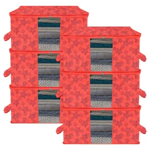 Kuber Industries Underbed Storage Bag | Clothes Storage Organizer | Blanket Cover with Clear Window | Zipper Closure & Handle Cloth Organizer | New Flower-Design | Large | Pack of 6 | Red